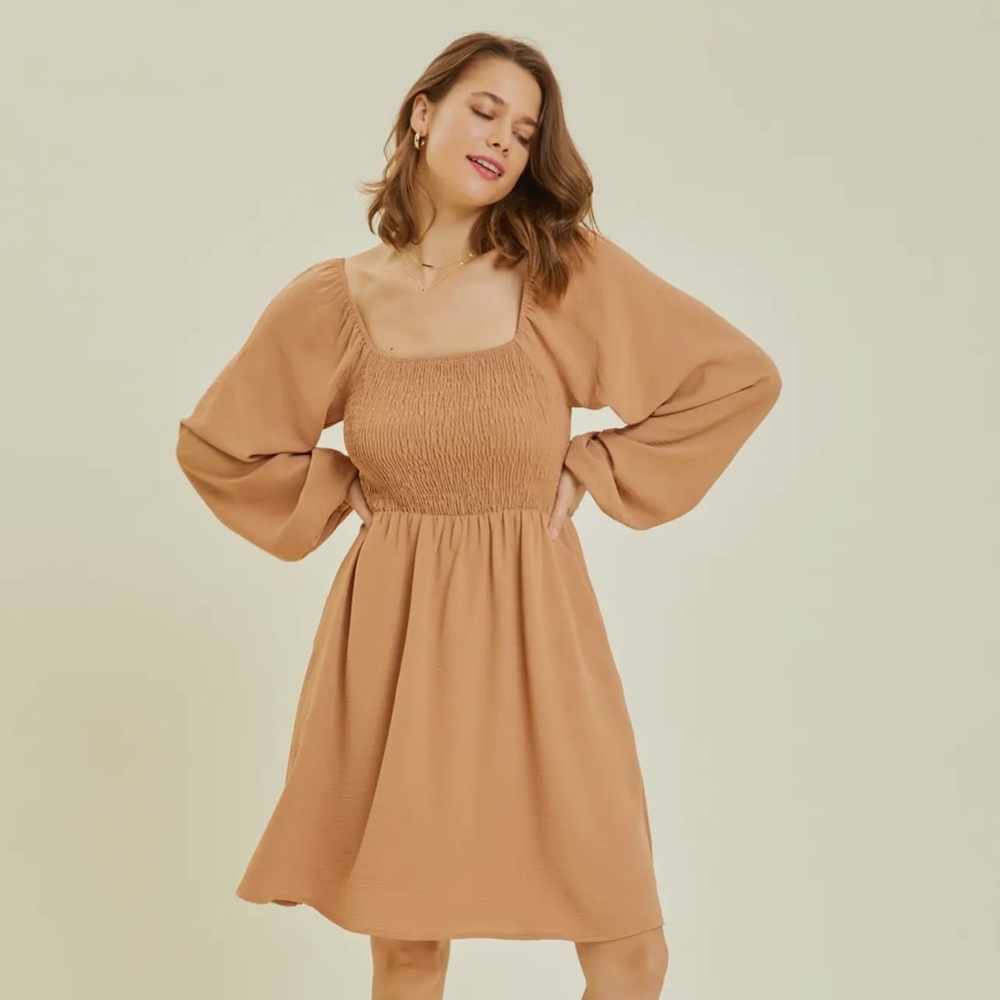 Smocked Long Sleeve Dress with Back Tie in Clay color